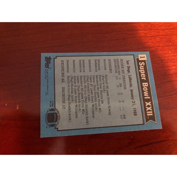 NFL Redskins & Broncos 1988 Topps Football Card # 1 Super Bowl Card XXII - Picture 2 of 2